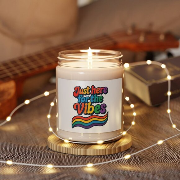 Just Here for the Vibes Candle | 9oz Soy Jar, Retro Rainbow Typography - Picture 4 of 4